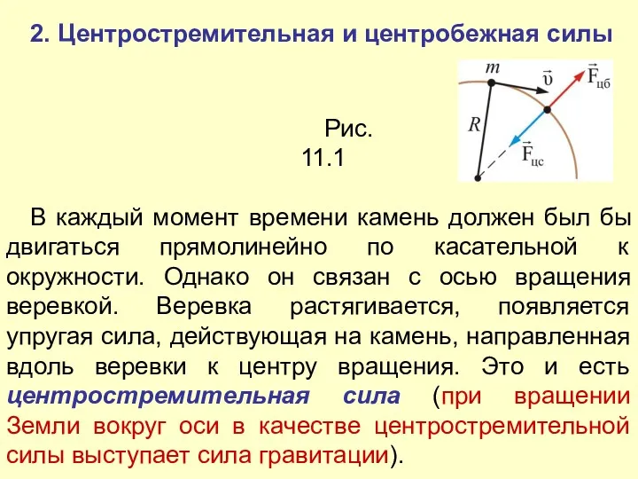 2. Центростремительная и центробежная силы В каждый момент времени камень