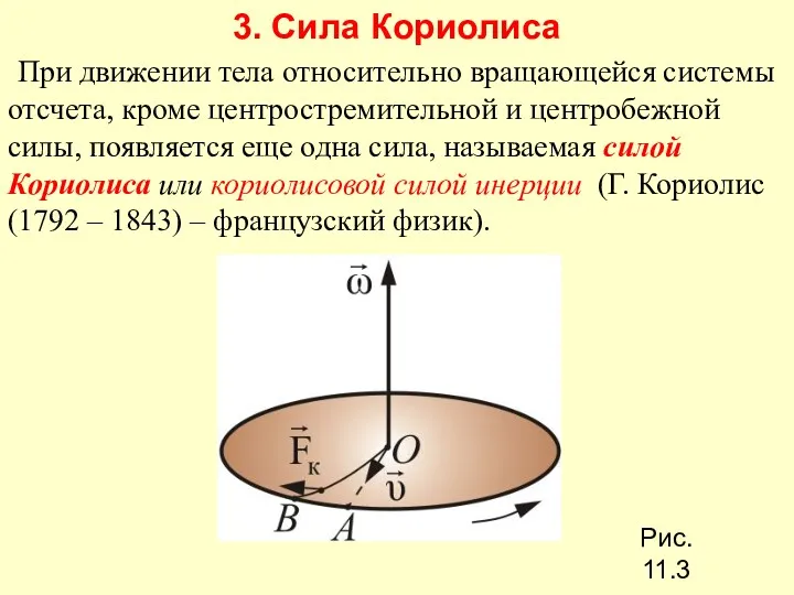 3. Сила Кориолиса При движении тела относительно вращающейся системы отсчета,