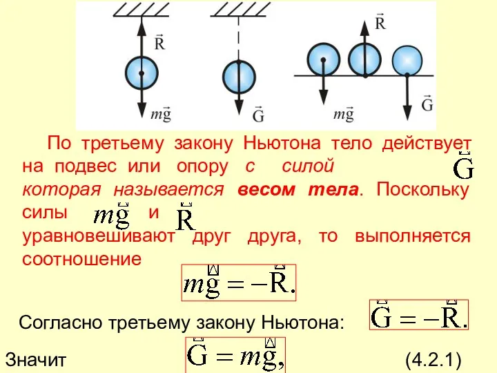 По третьему закону Ньютона тело действует на подвес или опору