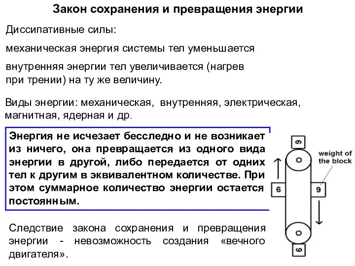 Закон сохранения и превращения энергии Диссипативные силы: механическая энергия системы