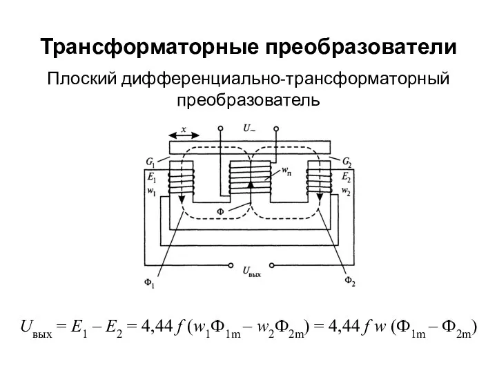 Трансформаторные преобразователи Плоский дифференциально-трансформаторный преобразователь Uвых = E1 – E2