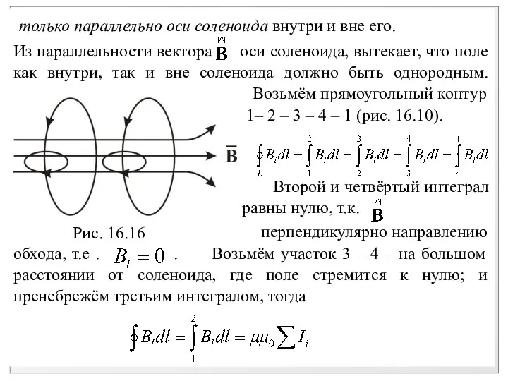 только параллельно оси соленоида внутри и вне его. Из параллельности