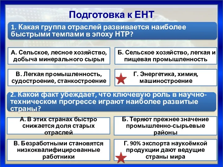 Подготовка к ЕНТ 1. Какая группа отраслей развивается наиболее быстрыми