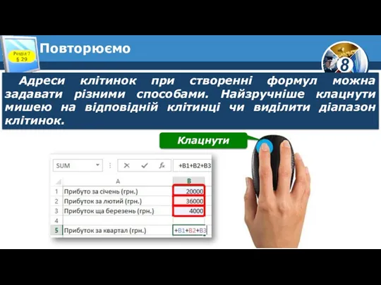 Повторюємо Адреси клітинок при створенні формул можна задавати різними способами.