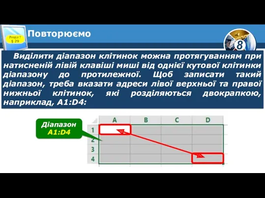 Повторюємо Виділити діапазон клітинок можна протягуванням при натисненій лівій клавіші