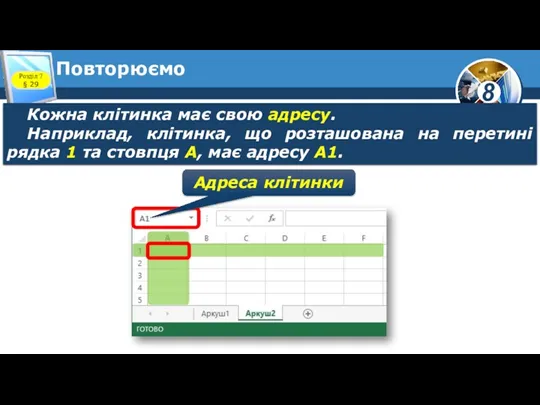 Повторюємо Кожна клітинка має свою адресу. Наприклад, клітинка, що розташована