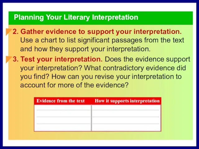 Planning Your Literary Interpretation 2. Gather evidence to support your interpretation. Use a
