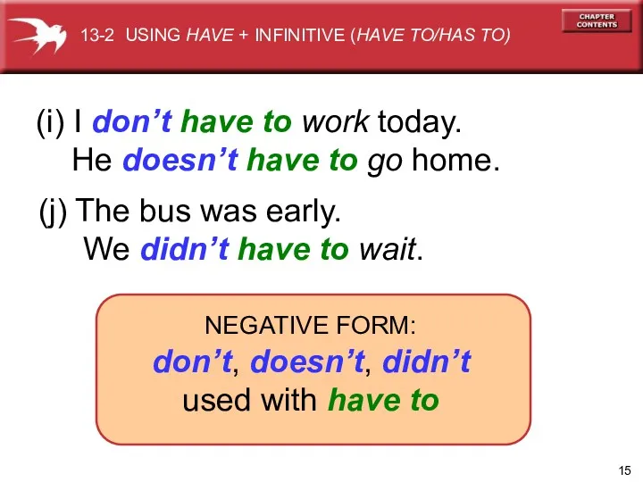 (i) I don’t have to work today. He doesn’t have