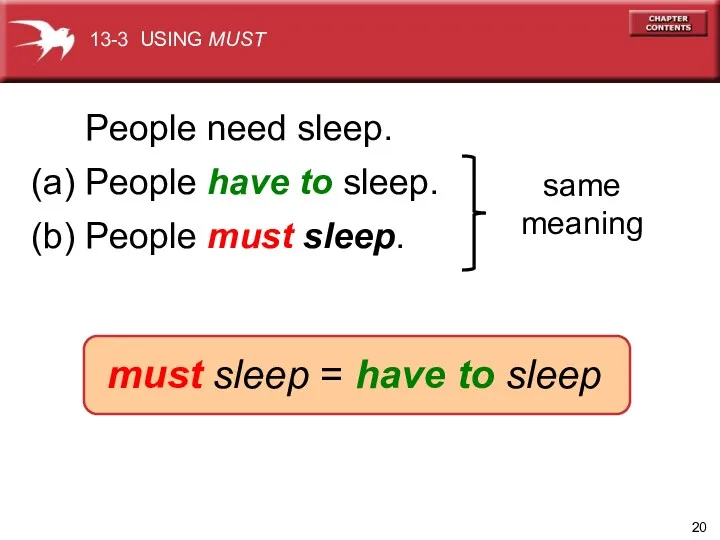 (a) People have to sleep. same meaning (b) People must