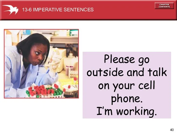 Please go outside and talk on your cell phone. I’m working. 13-6 IMPERATIVE SENTENCES