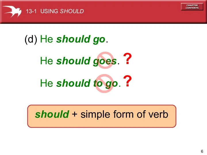 He should goes. (d) He should go. ? He should