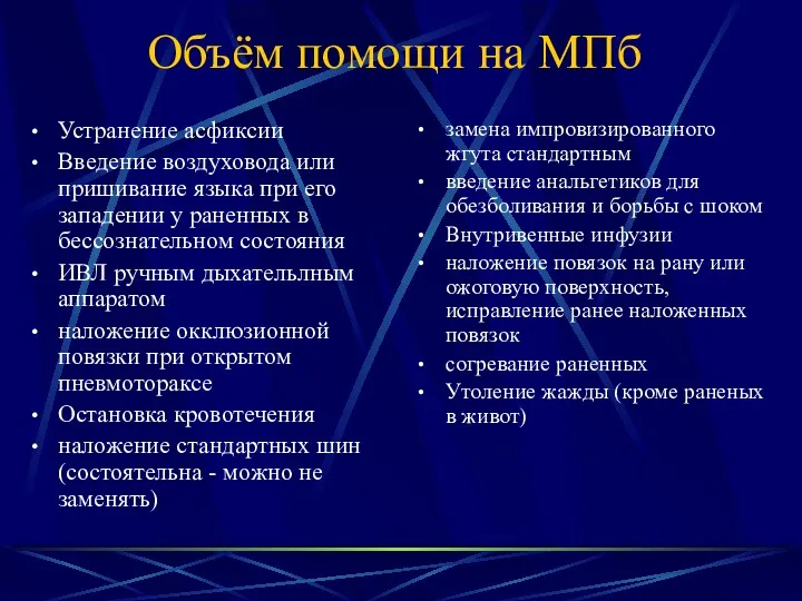 Объём помощи на МПб Устранение асфиксии Введение воздуховода или пришивание