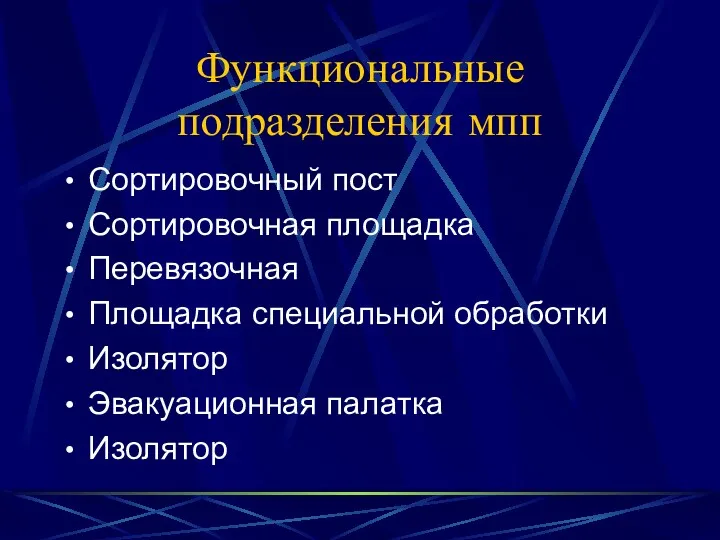 Функциональные подразделения мпп Сортировочный пост Сортировочная площадка Перевязочная Площадка специальной обработки Изолятор Эвакуационная палатка Изолятор