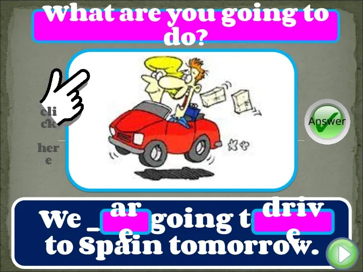 We ____ going to ____ to Spain tomorrow. are drive What are you going to do?