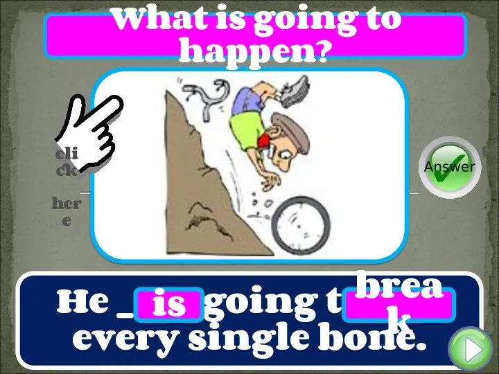 He ____ going to ____ every single bone. is break What is going to happen?
