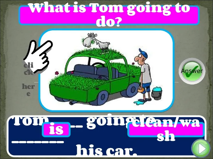Tom ____ going to _______ his car. is clean/wash What is Tom going to do?