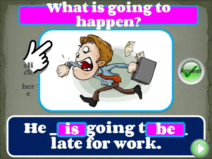 He ____ going to ____ late for work. is be What is going to happen?