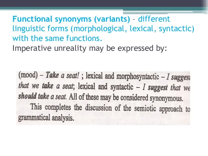 Functional synonyms (variants) – different linguistic forms (morphological, lexical, syntactic)