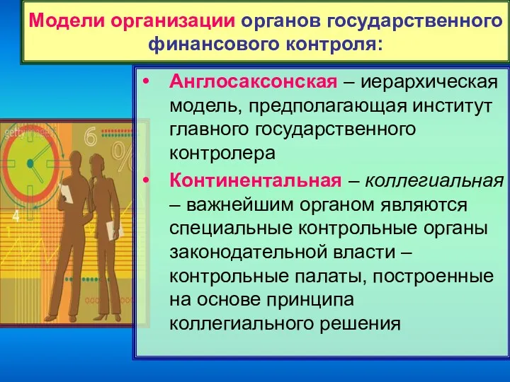 Модели организации органов государственного финансового контроля: Англосаксонская – иерархическая модель,