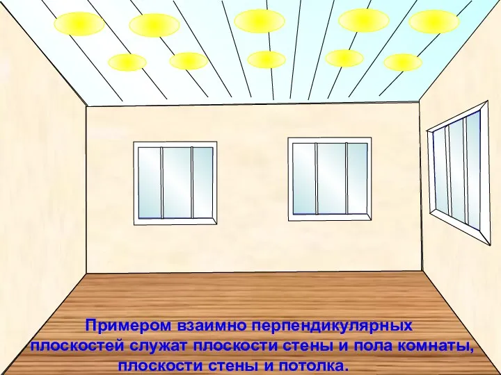 Примером взаимно перпендикулярных плоскостей служат плоскости стены и пола комнаты, плоскости стены и потолка.