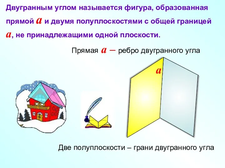 Двугранным углом называется фигура, образованная прямой a и двумя полуплоскостями