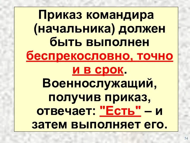 Приказ командира (начальника) должен быть выполнен беспрекословно, точно и в