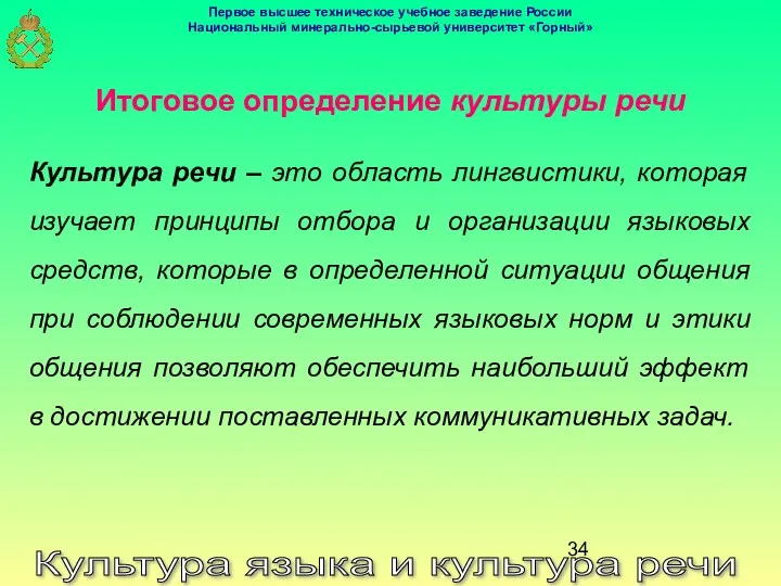 Культура языка и культура речи Итоговое определение культуры речи Культура