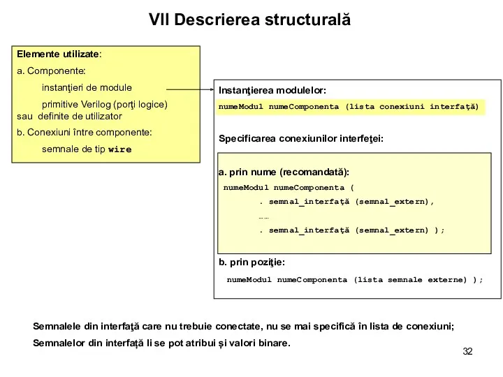 Instanţierea modulelor: numeModul numeComponenta (lista conexiuni interfaţă) Specificarea conexiunilor interfeţei: