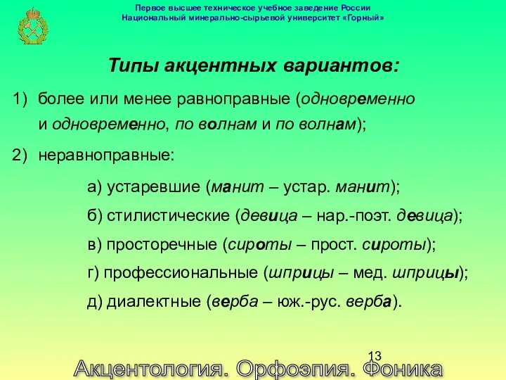 Акцентология. Орфоэпия. Фоника Типы акцентных вариантов: более или менее равноправные