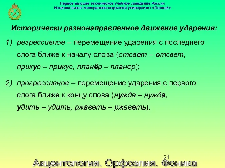 Акцентология. Орфоэпия. Фоника Исторически разнонаправленное движение ударения: регрессивное – перемещение