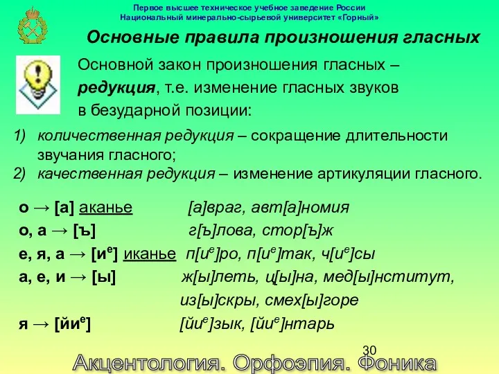 Акцентология. Орфоэпия. Фоника Основные правила произношения гласных Основной закон произношения