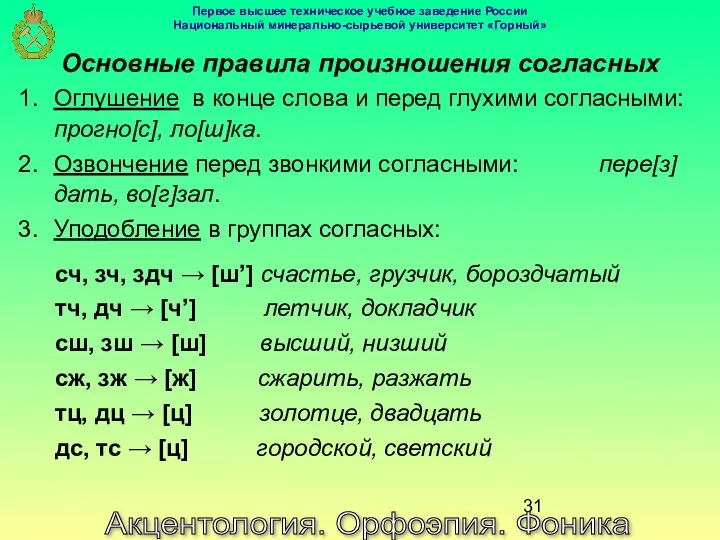 Акцентология. Орфоэпия. Фоника Основные правила произношения согласных Оглушение в конце