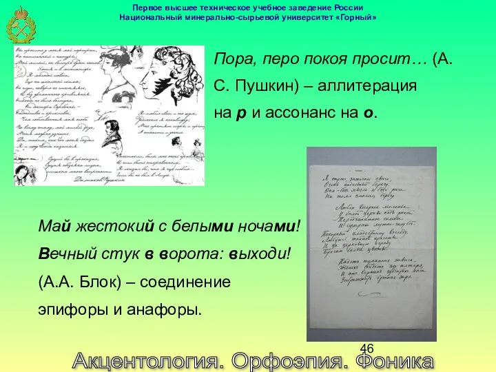 Акцентология. Орфоэпия. Фоника Пора, перо покоя просит… (А.С. Пушкин) –