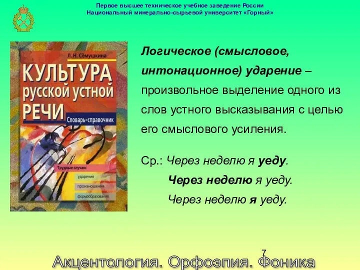 Акцентология. Орфоэпия. Фоника Логическое (смысловое, интонационное) ударение – произвольное выделение