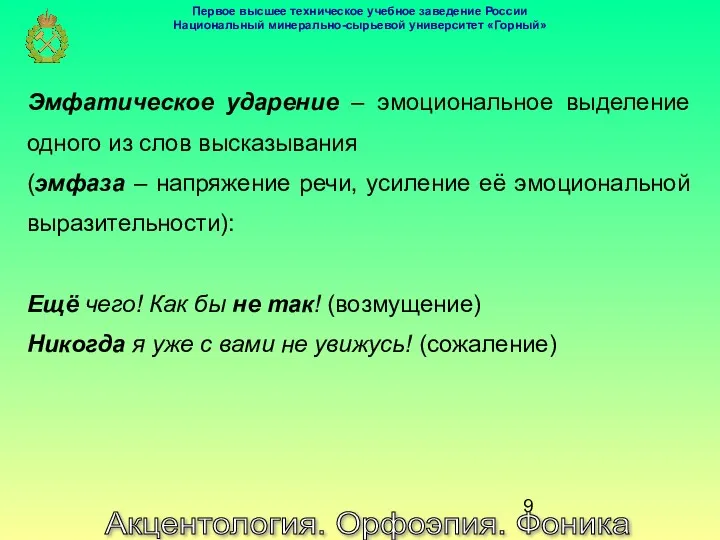 Акцентология. Орфоэпия. Фоника Эмфатическое ударение – эмоциональное выделение одного из