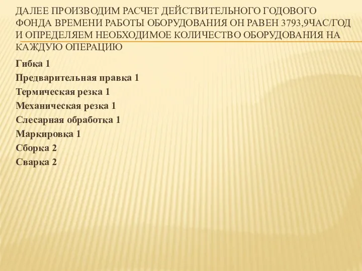 ДАЛЕЕ ПРОИЗВОДИМ РАСЧЕТ ДЕЙСТВИТЕЛЬНОГО ГОДОВОГО ФОНДА ВРЕМЕНИ РАБОТЫ ОБОРУДОВАНИЯ ОН