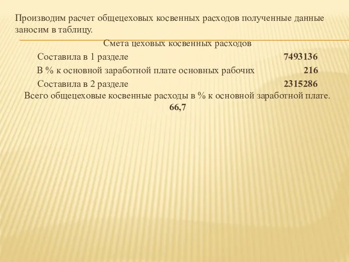 Производим расчет общецеховых косвенных расходов полученные данные заносим в таблицу.