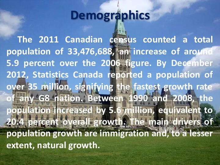 Demographics The 2011 Canadian census counted a total population of