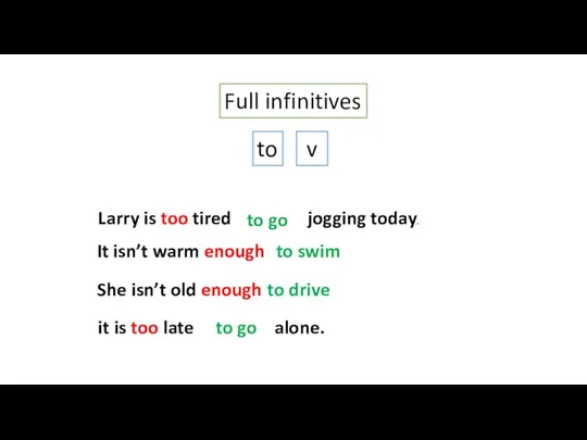 Full infinitives to v Larry is too tired (go) jogging