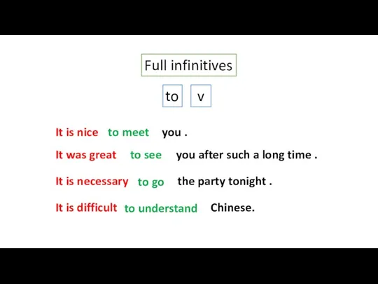 Full infinitives to v It is nice (meet) you .