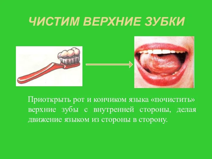 ЧИСТИМ ВЕРХНИЕ ЗУБКИ Приоткрыть рот и кончиком языка «почистить» верхние