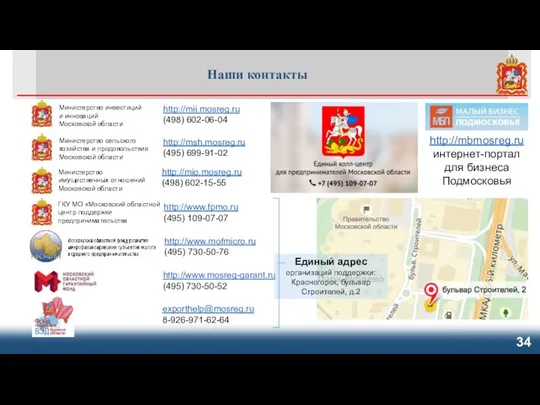 Наши контакты http://www.mofmicro.ru (495) 730-50-76 http://www.mosreg-garant.ru (495) 730-50-52 exporthelp@mosreg.ru 8-926-971-62-64