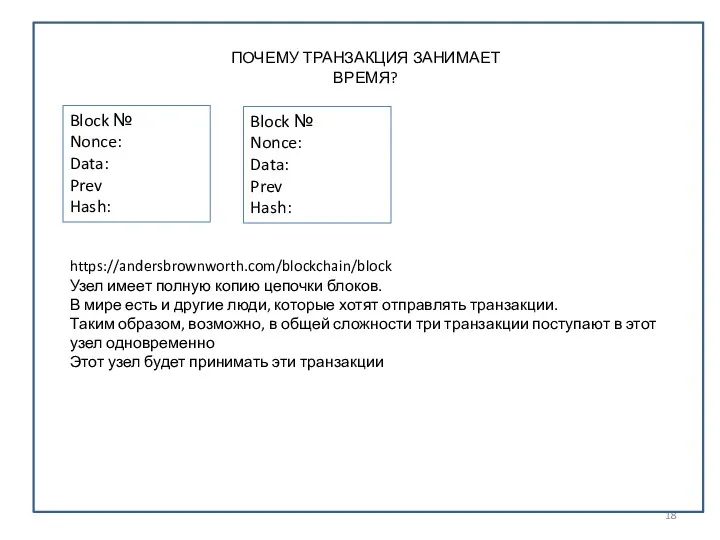 ПОЧЕМУ ТРАНЗАКЦИЯ ЗАНИМАЕТ ВРЕМЯ? https://andersbrownworth.com/blockchain/block Узел имеет полную копию цепочки