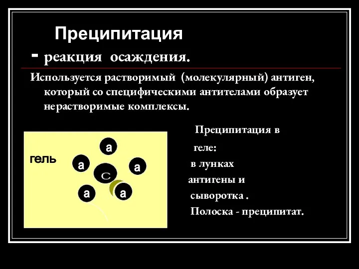 Преципитация - реакция осаждения. Используется растворимый (молекулярный) антиген, который со