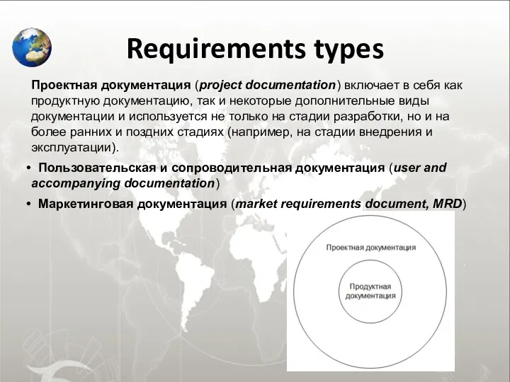 Requirements types Проектная документация (project documentation) включает в себя как