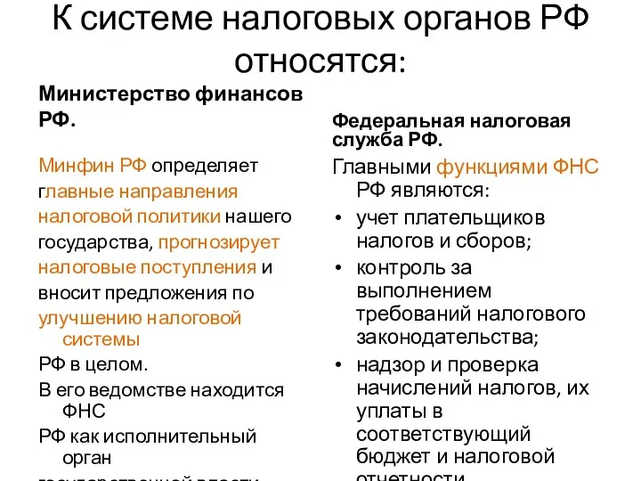 К системе налоговых органов РФ относятся: Министерство финансов РФ. Минфин