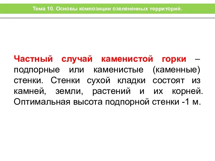 Частный случай каменистой горки – подпорные или каменистые (каменные) стенки.