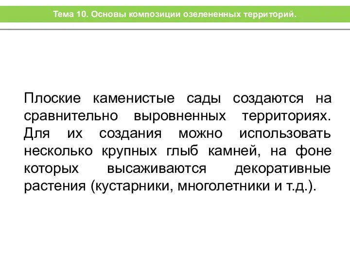 Плоские каменистые сады создаются на сравнительно выровненных территориях. Для их