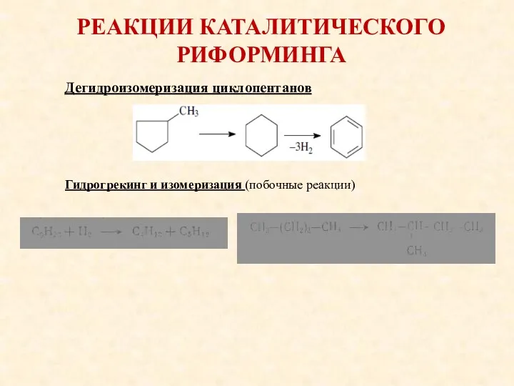 РЕАКЦИИ КАТАЛИТИЧЕСКОГО РИФОРМИНГА Дегидроизомеризация циклопентанов Гидрогрекинг и изомеризация (побочные реакции)