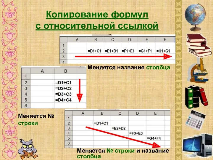 Копирование формул с относительной ссылкой Меняется название столбца Меняется №